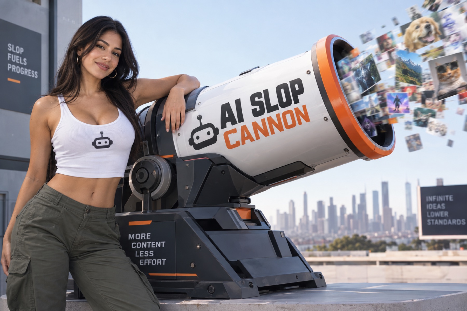 An AI slop cannon firing images over a city