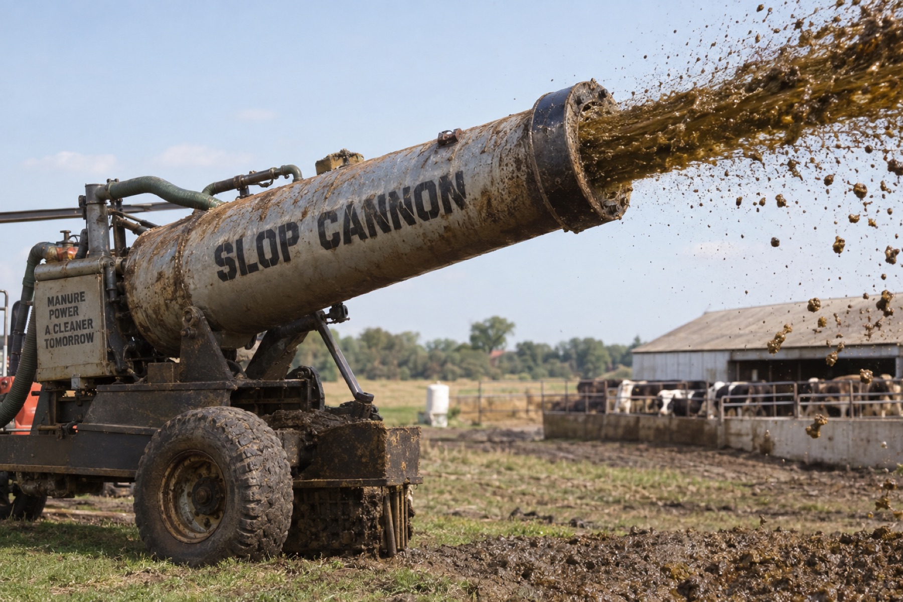 A slop cannon spraying a field