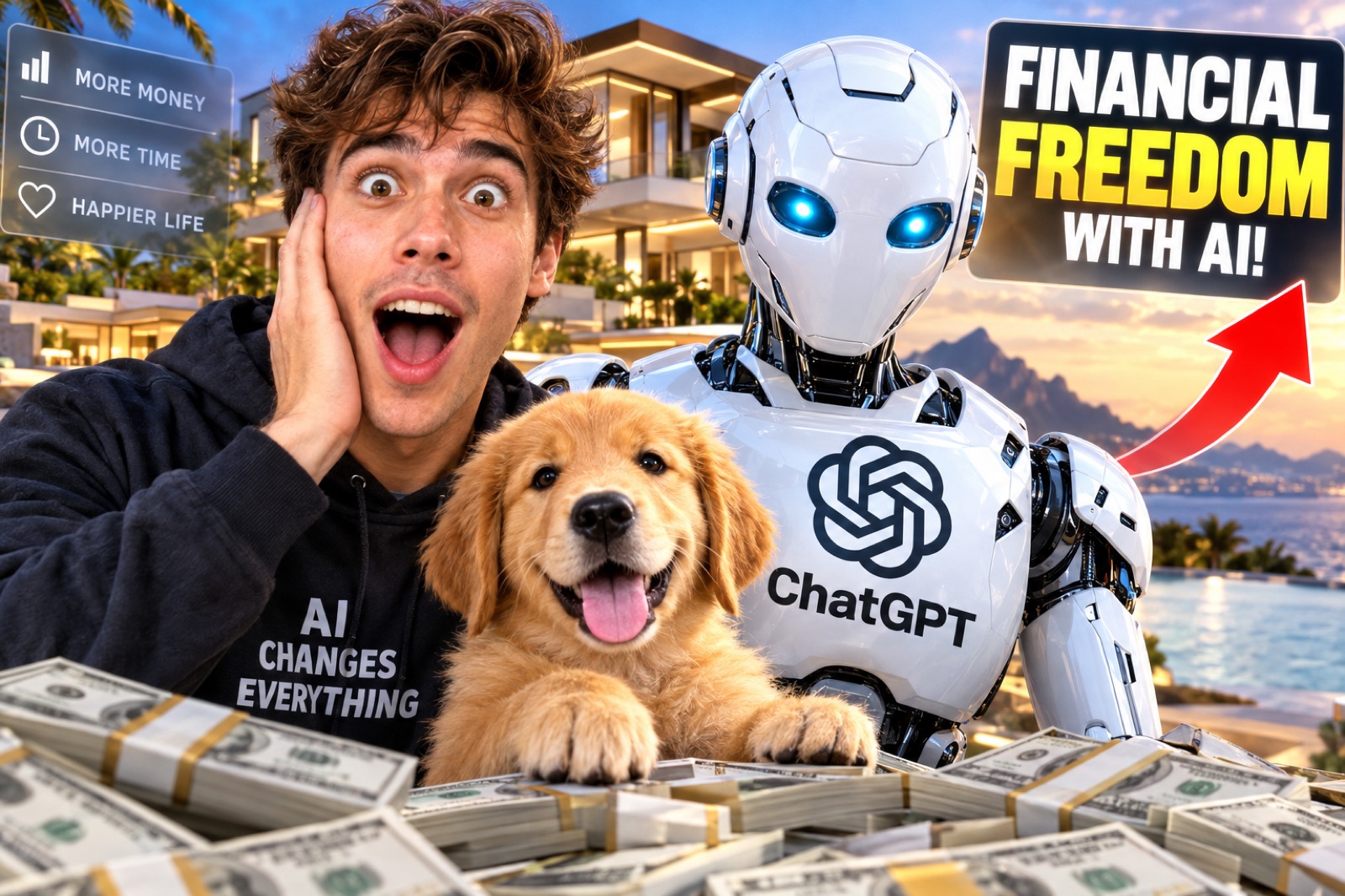 A parody thumbnail promising financial freedom with AI